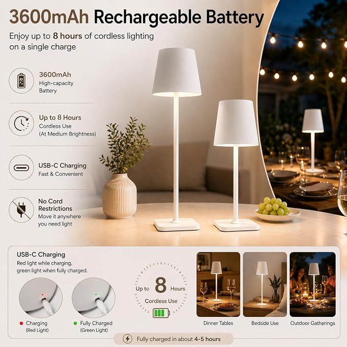Cordless Table Lamp 2 Pack – Rechargeable Ambient Bedside Lamp with Warm Dimmable Light, Portable Minimalist Lighting for Bedroom, Dining Table & Living Room (2, White)