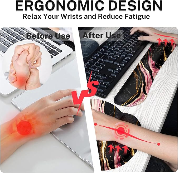 Ergonomic Mouse Pad Set with Wrist Rest, Marble Black | Pink Gold Non-Slip Rubber Base Wrist Cushion Support and Coasters Mousepad with Wrist Support for Computer Keyboard