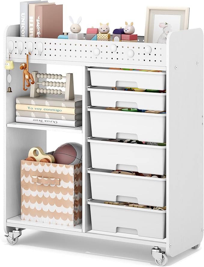 Rolling Craft Cart with 6 Drawers, Pegboard and Locking Wheels White | Ample multi-zone storage, 2 open shelves, art cart for classrooms, homeschool and offices, sturdy wood-metal frame