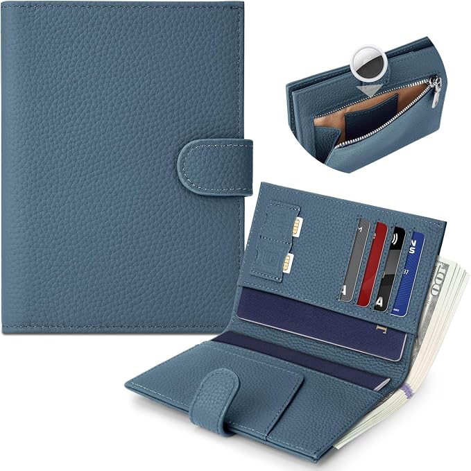 Genuine Leather Passport Holder for Women Men, Hidden Airtag Pocket, RFID Blocking, Zippered Coins Pocket & Cash Compartment Travel Gifts Essentials Passport Cover Case - Navy blue
