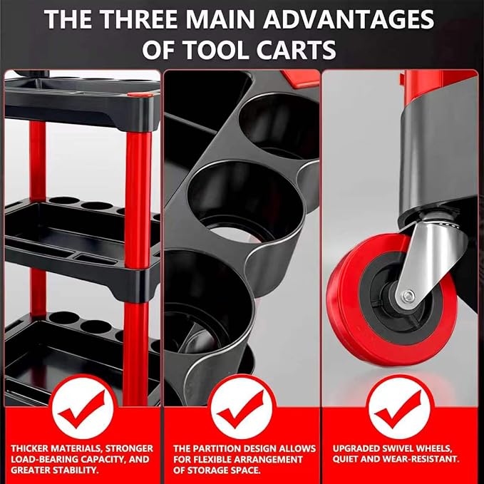 Auto Detailing Cart with Wheels, 3 Tier Rolling Detail Cart | Car Wash Organizer for Detailers Garage, Workshop, Repair Shop, Storage Tool