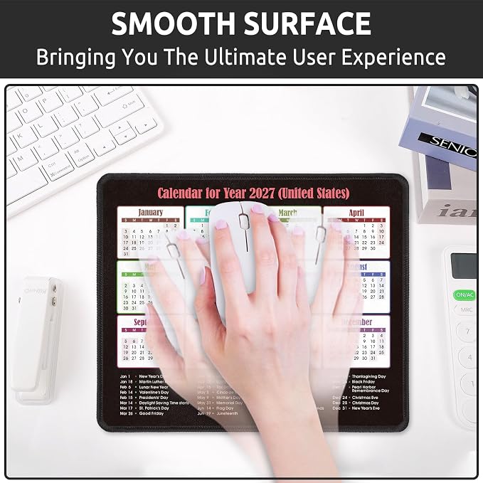 KONVINIT Ergonomic Mouse Pad with Wrist Rest, Black Mousepad with Non-Slip Rubber Base and Smooth Surface, Small Mouse Pads for Desk, Office Desk Accessories (2027 Calendar)