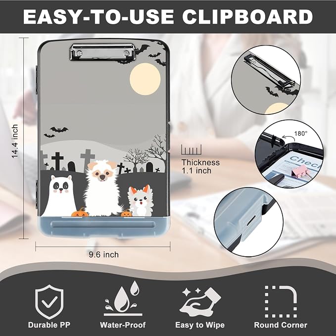 Clipboard with Storage,Storage Clipboard with Pen Holder,Heavy Duty Plastic Storage Clipboard with Low Profile Clip,Teacher Must Haves,Clipboard Folder,Office Supplies,Cute Dog -1365