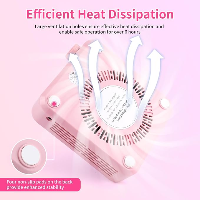 BQAN Portable Nail Dust Collectorwith 4200RPM Fan for Acrylic Nail Pink | 10pcs Filter Papers & Nail Brush Include | Strong Suction | Adjustable Speed | For Acrylic & Gel | Professional & Home Use