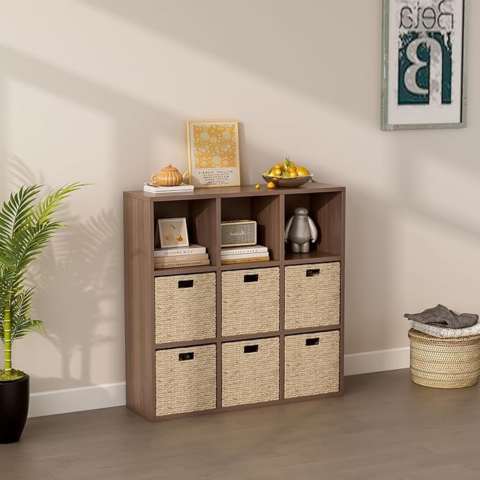 OSCHF 9-Cube Storage Shelf Bookcase - Wooden 3-Tier Floor Standing Open Bookshelf for Home and Office, Cuby Orgainzer, Walnut