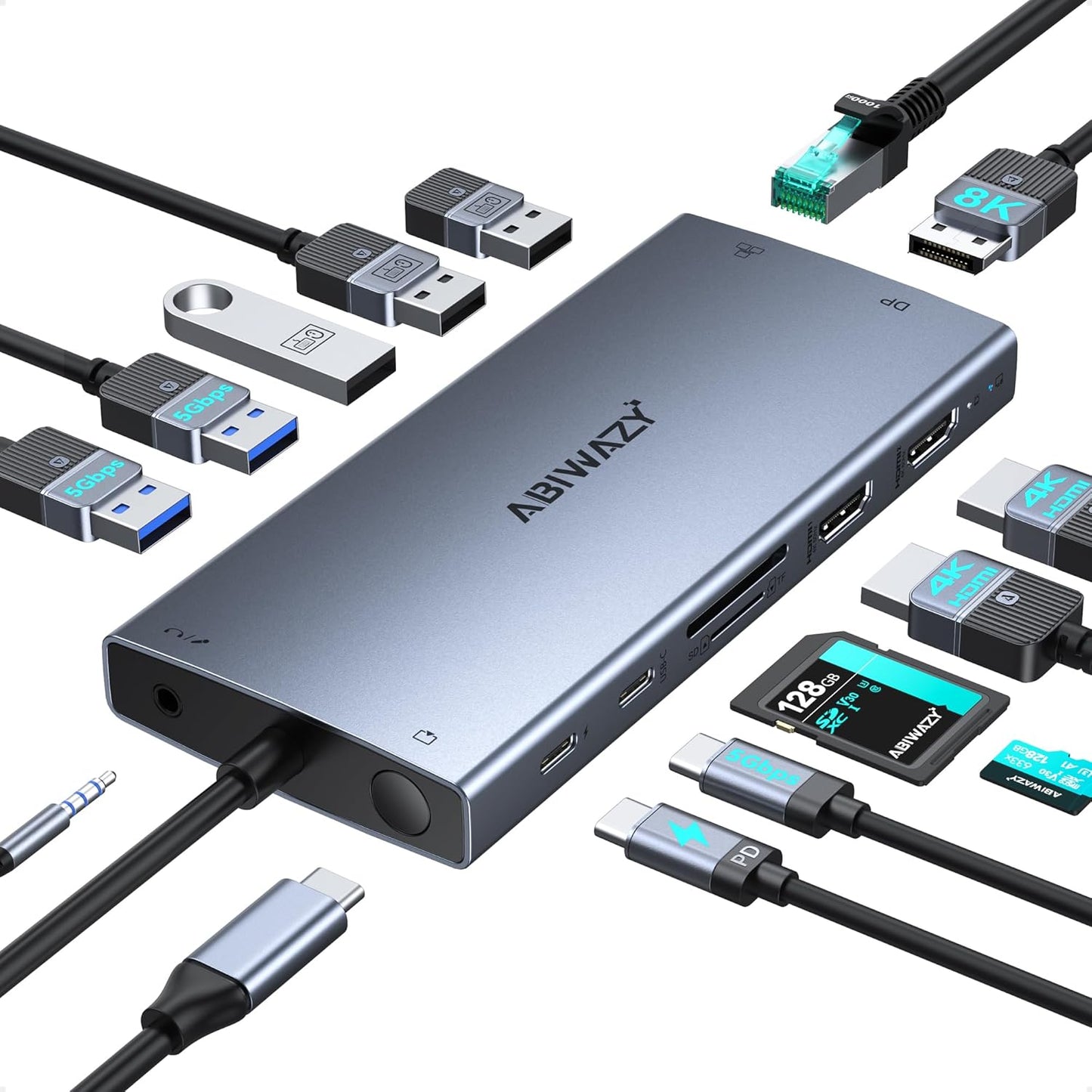 USB C Docking Station Dual Monitor for Dell XPS/HP/Lenovo/Surface, 15 in 1 USB-C Hub 3 Monitor Adapter, Dock with 8K DisplayPort, 2 HDMI 4K@60Hz, 6 USB A/C, 100W PD, Ethernet, SD/MicroSD