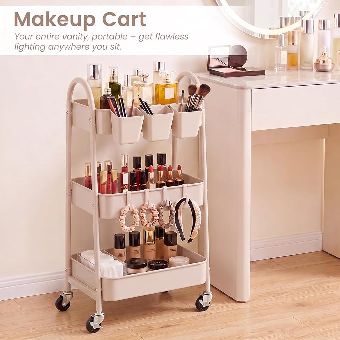 3-Tier Rolling Cart, Utility Cart Mobile Metal Rolling Storage Cart with Lockable Wheels & Hanging Cups & Hooks for Kitchen, Bathroom, Office, Workshop, Beige