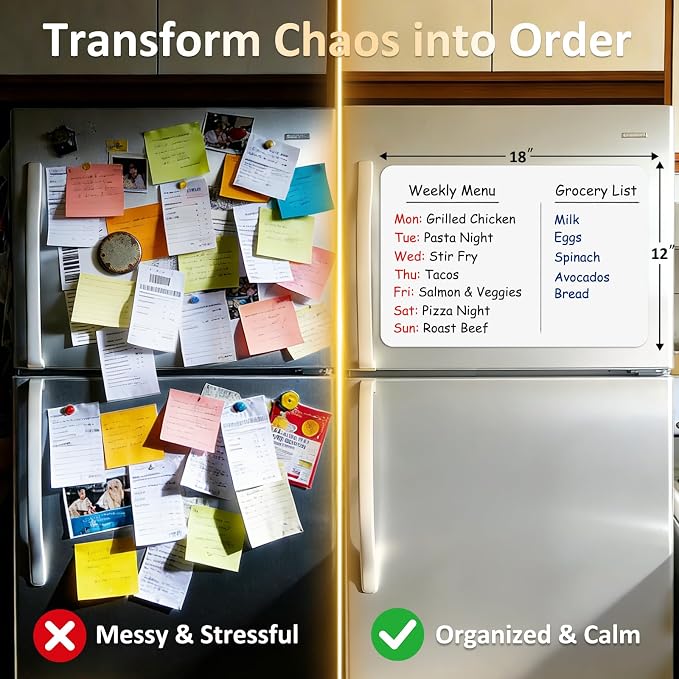 Magnetic White Board for Refrigerator Grocery Lists Stay Visible | Reusable Dry Erase Sheet for Family Shopping Needs - 18" x 12" Fridge Organizer Memo Board with Markers and Eraser