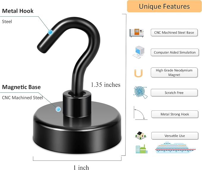 Neosmuk Magnetic Hooks, Heavy Duty 85lb+ Strong Magnet Hook for Cruise Cabins, Cruise Essentials 2026 for Hanging, Metal Wall Refrigerator Hangers (Black, 10 Pack)