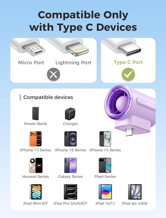 Aecooly Powerful USB C Phone Fan with Flexible Rod, 17000 RPM High Speed | Compatible with iPhone, iPad, Tablet, 4 Speed Mini Portable Phone Fan Attachment for Summer, Travel, Gifts for Women-Purple