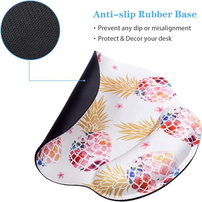 Ergonomic Mouse Pad with Wrist Support, WAVEYU Non-Slip Rubber Base Mousepad for Desk Laptop Gaming Working Computers Laptop Easy Typing & Pain Relief, Pink Pineapple