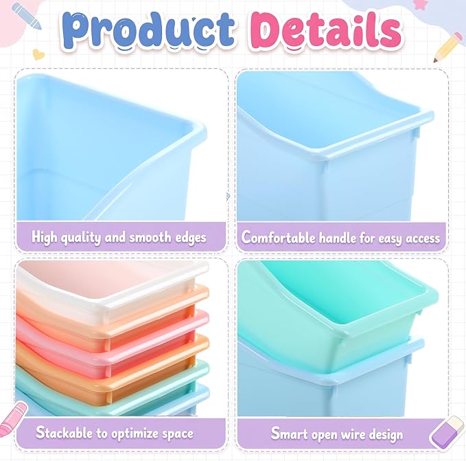 Blosssound 24 Set Book Bins for Classroom Stackable,Cloud Pastel | Plastic Baskets with Labels, Slanted Front, Library Supplies Organizers, Desktop Storage Bins, Teachers Home School Use
