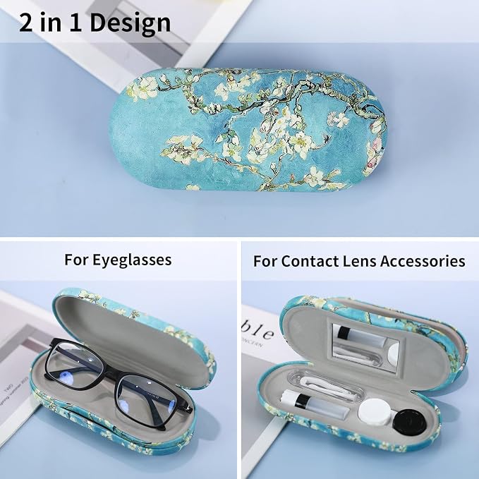 2 in 1 Contact Lens Case and Eyeglasses Case for Women Men Kids, Double Sided Hard Shell Portable Glasses Travel Holder with Built-in Mirror, Contact Lens Box (Apricot Blossom)