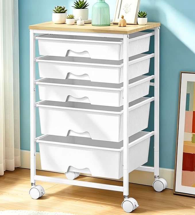 SUNALLY Rolling Carts with 5 Drawers, Storage Drawer Carts for Craft, White | Rolling Utility Cart with Wooden Tabletop & 2 Lockable Wheels, Teacher Storage Cart for Classroom School, Makeup, Nail, Art
