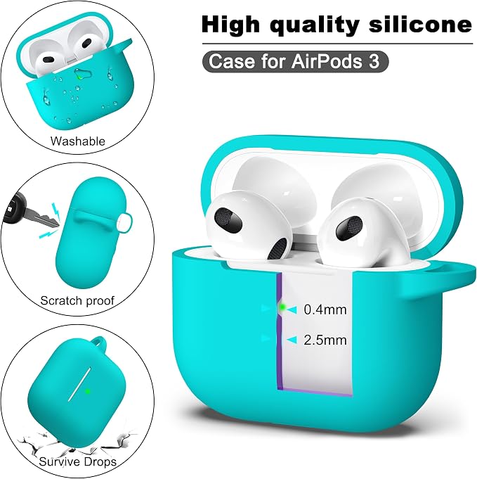Compatible with AirPods 3 Case Cover, Silicone Protective Accessories Skin with Keychain Compatible with Apple AirPod 3rd Generation 2021 for Women Men Girls Boys,Front LED Visible,Teal