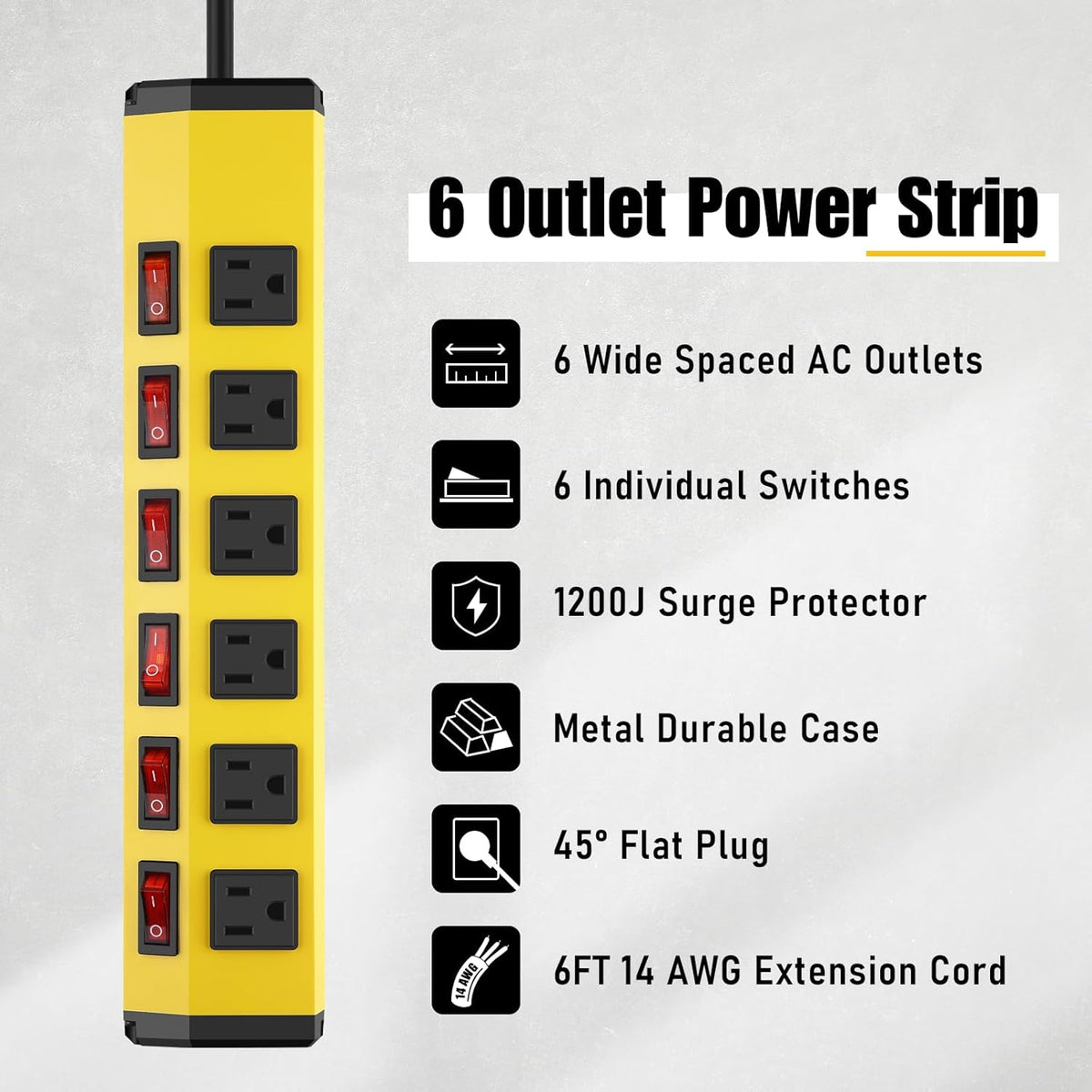 ANNQUAN 3PCS 6 Outlet Metal Power Strip with 6 Individual Switches,Heavy Duty Power Strip 1200J 15A 6FT Cord Home Office Industrial Commercial Shop