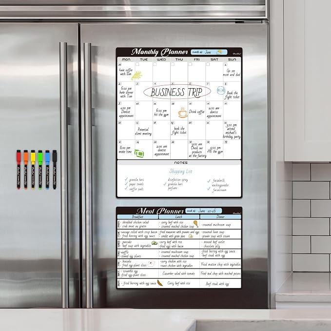 Magnetic Dry Erase Monthly Calendar Set - 15.5"x13" Monthly Calendar and 8.5"x13" Menu Board for Fridge - 6 Extra Fine Point Markers Included - Shipped Flat