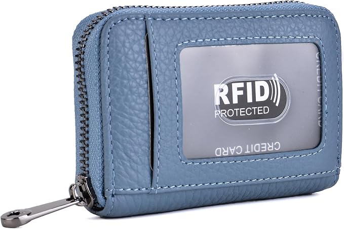 Genuine Leather Credit Card Wallet Accordion Zipper Rfid Credit Card Holder Small Coin Purse with ID Window (blue)