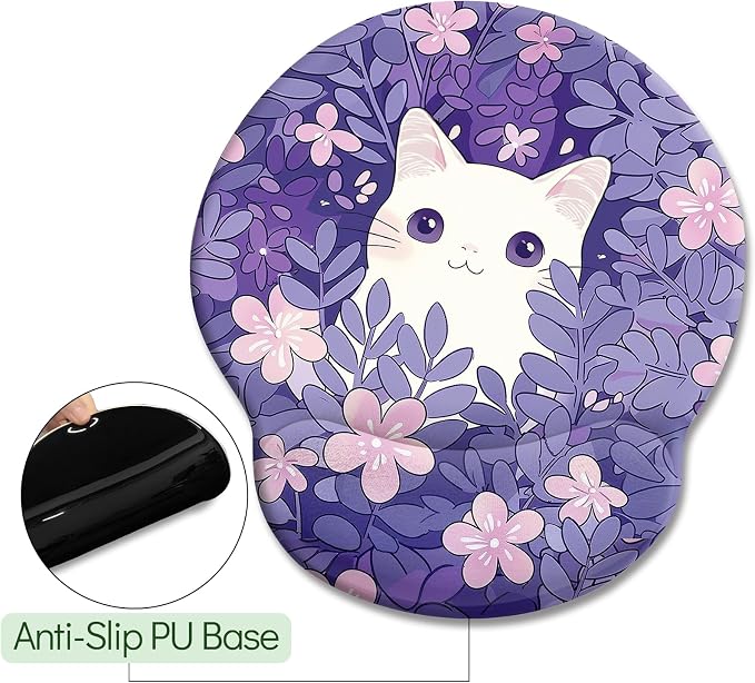 LIMKRIAN Purple Mouse Pad with Gel Wrist Rest, Cat Ergonomic Mouse Pad | Non-Slip PU Base, Smooth Surface, Comfort Wrist Support, Pain Relief, Cute Kawaii Purple Office Supplies Desk Accessories