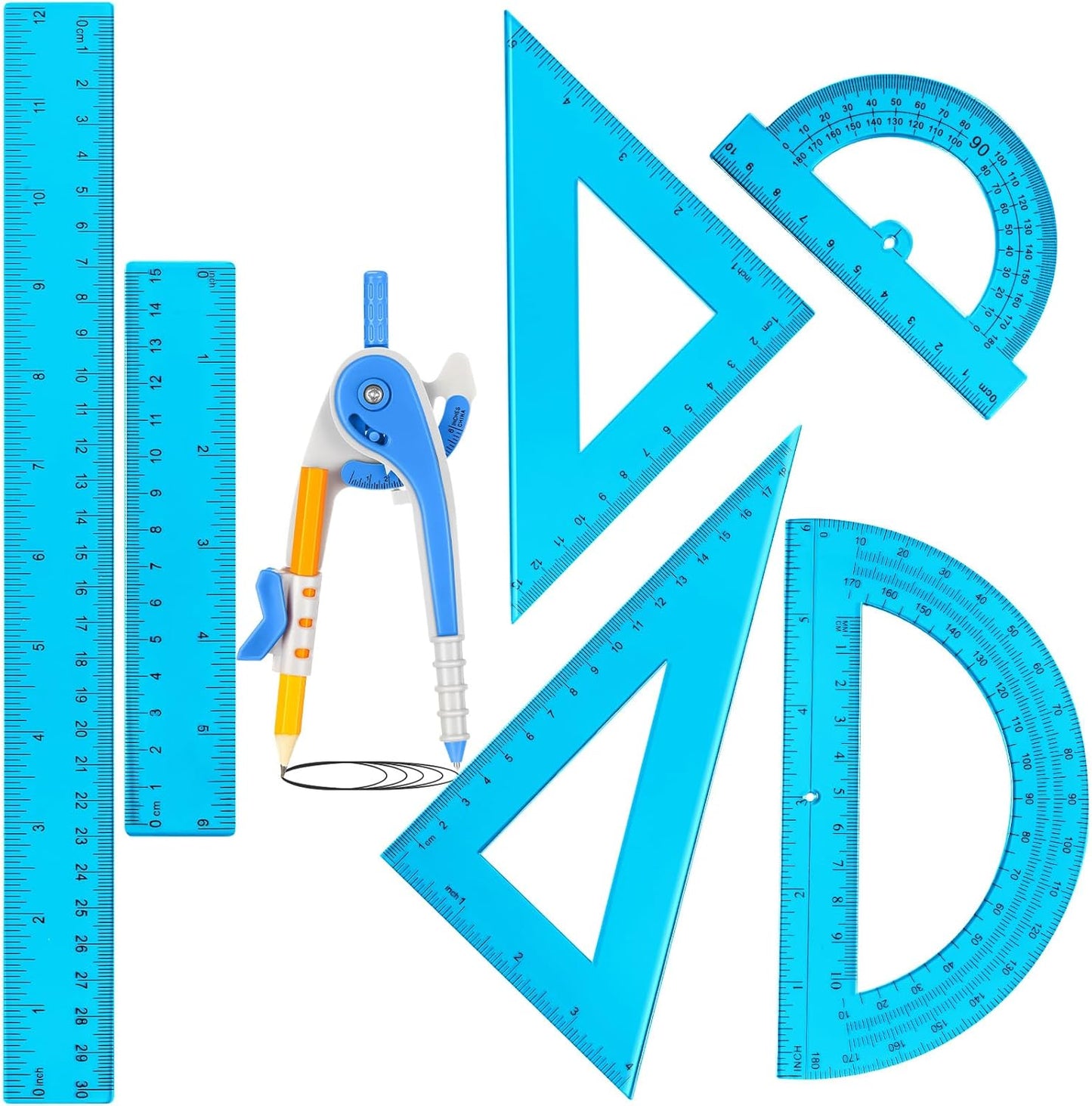 Zonon 1 Set Plastic Geometry Math Set 7 Pcs Includes 6'' / 4 '' Protractor, Drawing Compass, 45/60 Degree Triangle Rulers, 12'' / 6'' Math Ruler Transparent for Office Supplies(Blue)