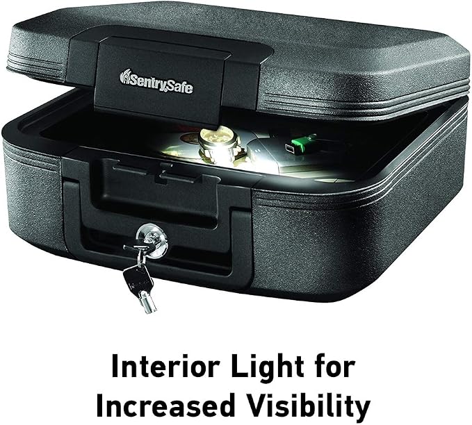 SentrySafe Fireproof and Waterproof Chest Box with Key Lock, Black Travel Safe with Interior Lighting and Carrying Handle, 0.28 Cubic Feet, 6.6 x 15.4 x 14.3 Inches, CHW20205