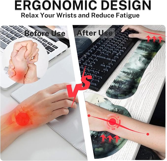 Ergonomic Mouse Pad Set with Wrist Rest, Green Mountain | Forest Ink Style Non-Slip Rubber Base Wrist Cushion Support and Coasters Mousepad with Wrist Support for Computer Keyboard