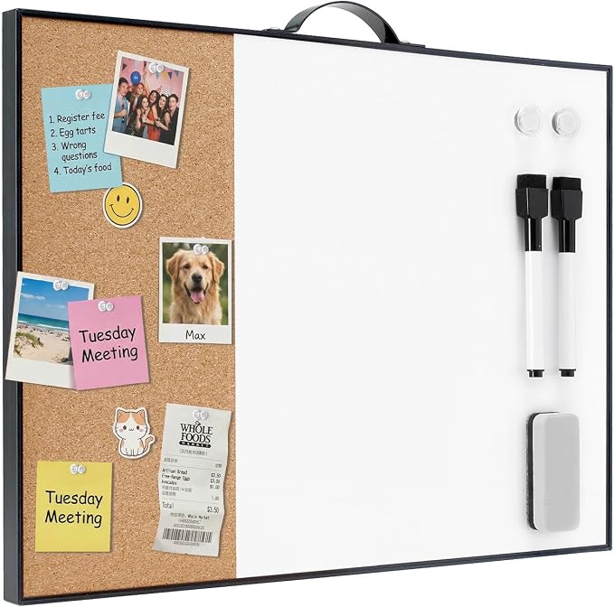 Small Cork Board Whiteboard Combo - 12" X 16" Portable Aluminum Black Framed Magnetic Dry Erase Board for Wall, Mini Bulletin CorkBoard with a Handle for Office, Home and School