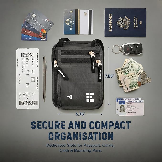Zero Grid RFID Travel Neck Wallet, Large Passport Holder, Dark Grey | Slim & Concealable Travel Pouch for Men & Women; Holds Phone, Cash, Cards, Keys, Waterproof; 4 compartments; Adjustable Strap