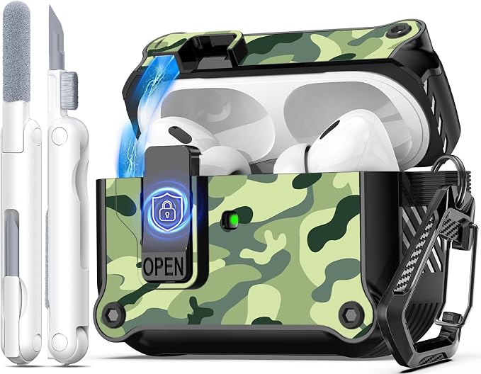 R-FUN for AirPods Pro 2 Case with Lock Magnetic Lid, Rain Camouflage | Compatible with AirPods Pro 2nd Generation and AirPods Pro 1st Generation (2019) Case with Cleaner Kit & Carabiner, MagSafe