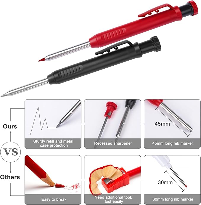 2 Pack Carpenter Pencils Mechanical Pencils with 12 Refills, Construction Pencils with Built-in Sharpener, Long Nib Deep Hole Pencil Marker, Heavy Duty Woodworking Pencil for Architect (2 Colors)