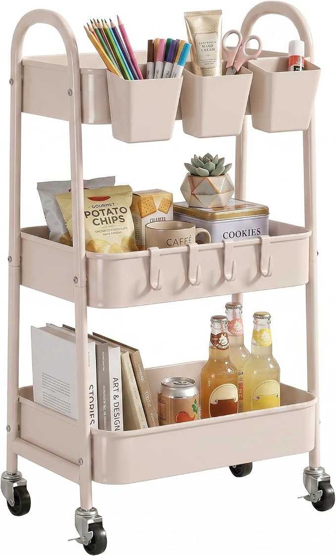 3-Tier Rolling Cart, Utility Cart Mobile Metal Rolling Storage Cart with Lockable Wheels & Hanging Cups & Hooks for Kitchen, Bathroom, Office, Workshop, Beige