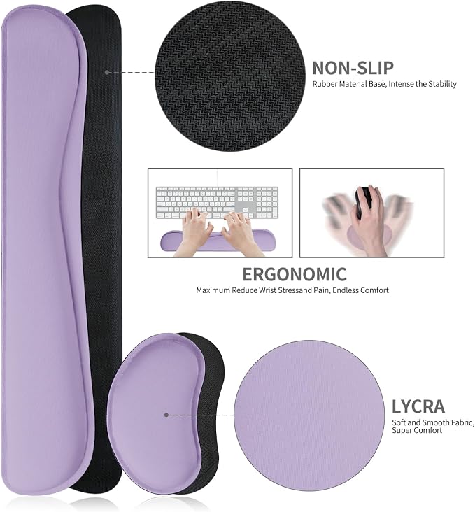 Keyboard and Mouse Pad, 3-in-1 Desk Mat Set Keyboard Wrist Rest | 31.5" x 15.7" Desk Mat, Ergonomic Wrist Rest for Computer Keyboard, Non-slip Base, Waterproof Computer Mat, Lavender