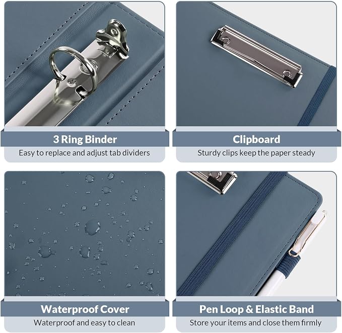 SKYDUE 3 Ring Binder with Clipboard, 13.2" × 10.2" Faux Leather 1 Inch Binder Organizer with 5 Pocket Dividers, Notepad, Labels & 2 Storage Pockets for Teachers, Students, Nurses & Office Work