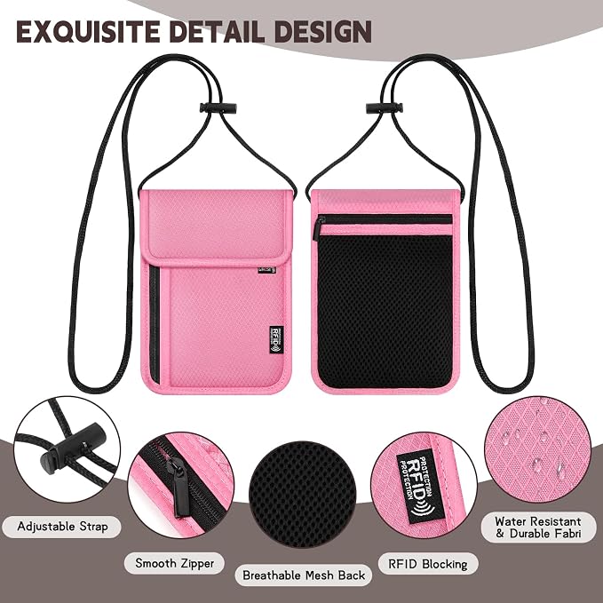 Likesing 5.5" L x 7.9" W Travel Neck Wallet, RFID Passport Holder(Pink) | RFID Blocking Passport Holder for Travel, Security Lightweight Passport Travel Wallet, Neck Pouch Gifts for Women Men