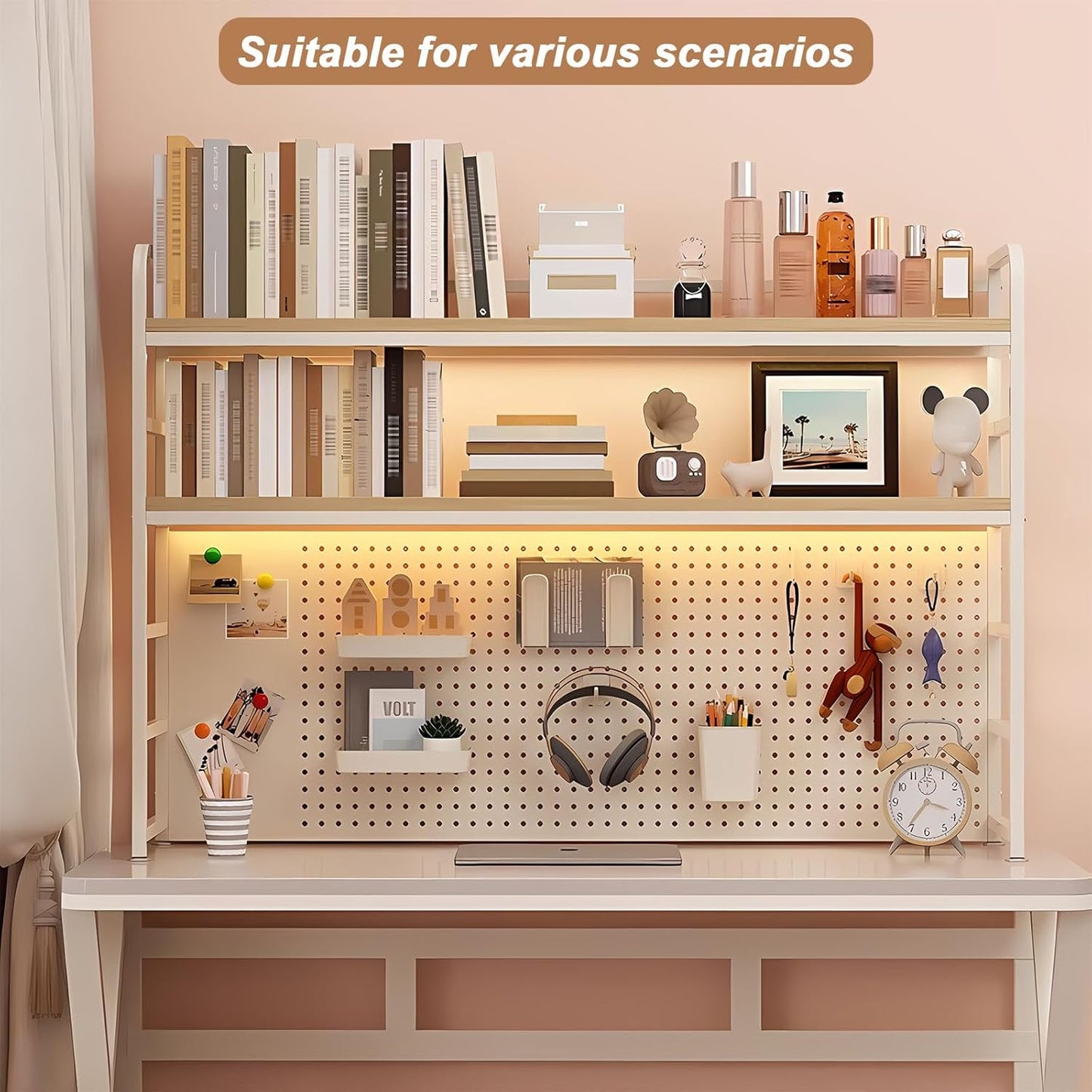 MDF Desk Hutch 2 Tier with Pegboard, Countertop Desktop Bookshelf, Storage Organizer Rack for Office, Home, Dormitory (white, 43.3in)