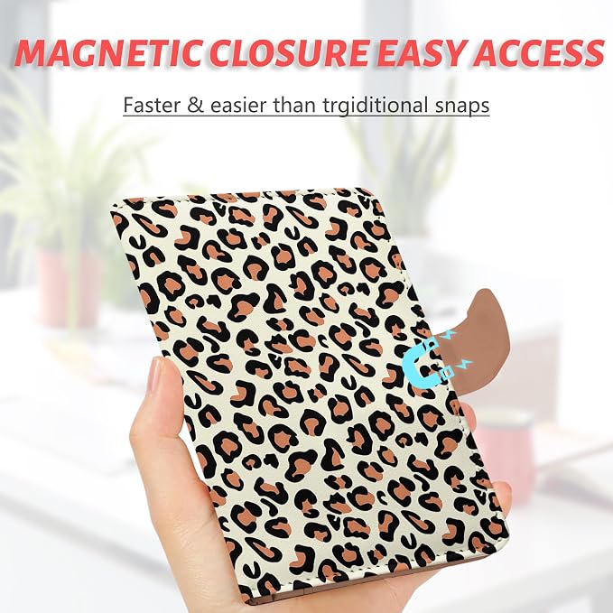 Passport Holder, Cute Travel Wallet Cover with RFID Blocking,Leopard | PU leather travel wallet with magnetic closure, card slots, pen loop, and easy access for passports and essentials.