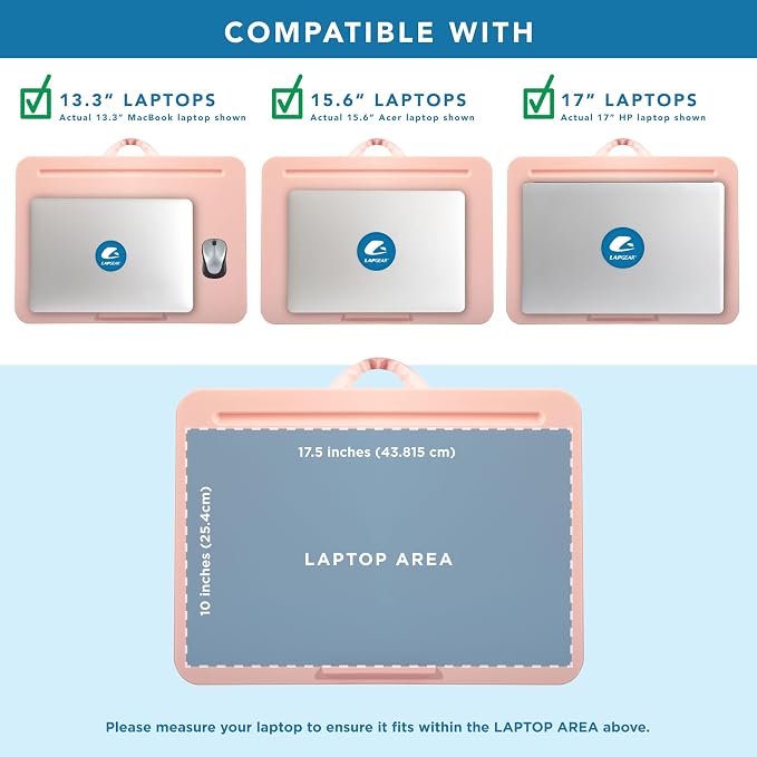 LAPGEAR The Original Lap Desk – Rose Quartz, Fits 17" Laptops | Microbead Cushion, Device Ledge, Built-In Pencil Tray, Carry Handle