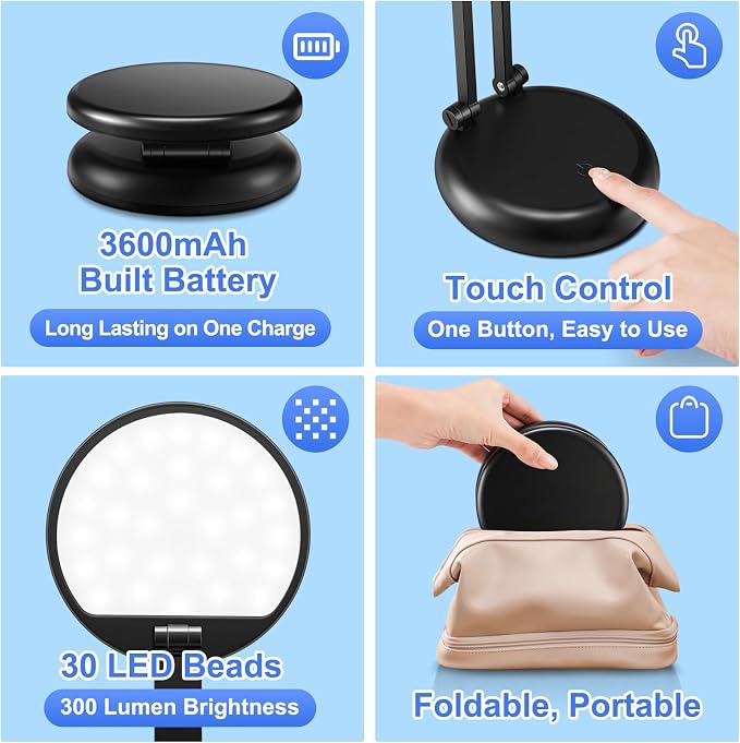 Desk Lamps for Home Office Rechargeable 3600mAh, Foldable+Portable Cordless Desk Light Small Table Lamp,Dimmable+9 Brightness Small Table Lamp Desk Light Table, LED Desk Lamps for Home Office
