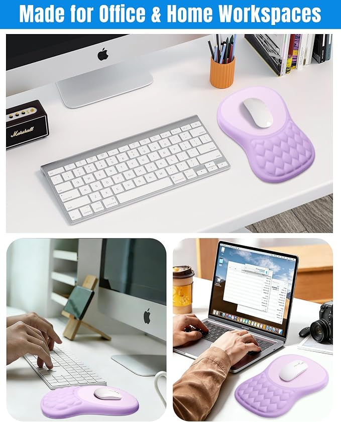 Ergonomic Mouse Pad with Sloped Memory Foam Wrist Rest, Purple&Grey | 3D Textured Wrist Cushion, Smooth Lycra Surface, Non-Slip PU Base, Comfortable Support for Office/Home Computer Desks