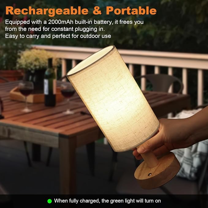 Rechargeable Cordless Touch Table Lamp with Stepless Dimming,Natural Wood Base&Linen Shade,Small Battery Wireless Ambient Night Light for Bedroom,Bedside,Nightstand,Nursery,Kitchen,Camping,Outdoor