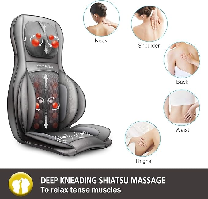COMFIER Massager Chair with Heat, Shiatsu Neck Back Massager Portable with Compress & Rolling,Massage Chair Pad for Neck & Back,for Dad Mom Women Men