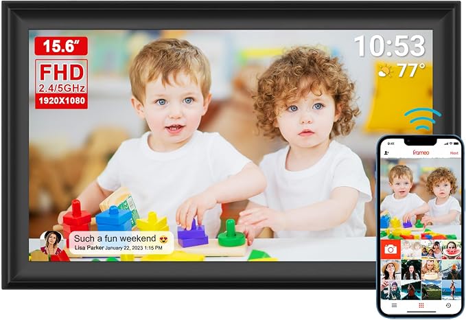 15.6inch FRAMEO Digital Photo Frame with 1920x1080 FHD IPS LCD Touch Screen, Dual-WiFi Share Photos & Videos Via Frameo App, Support USB Drive/SD Card Extend Storage, Auto-Rotate
