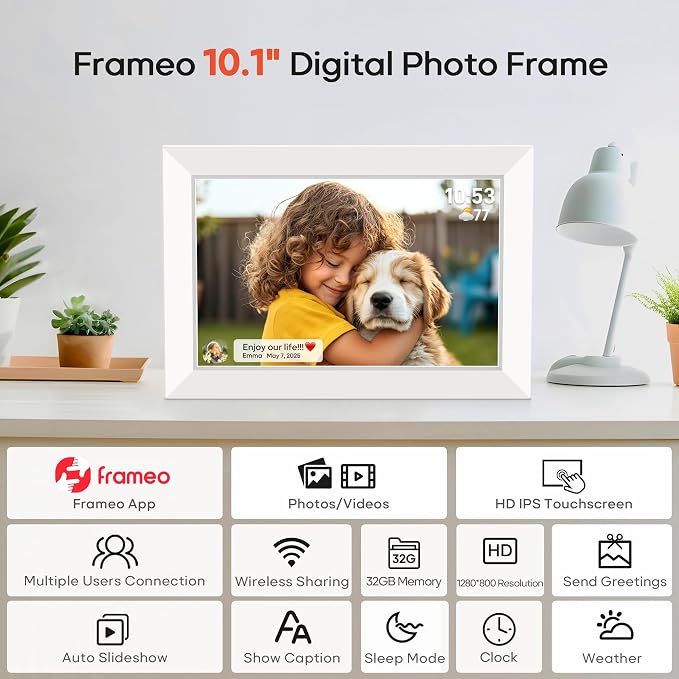 Miroir 10.1 Inch WiFi Digital Photo Frame via Frameo App, 1280x800 HD IPS Touch Screen Electric Picture Frame Display, 32GB Storage, Auto-Rotate, Wall Mountable, Share Photos/Videos Instantly