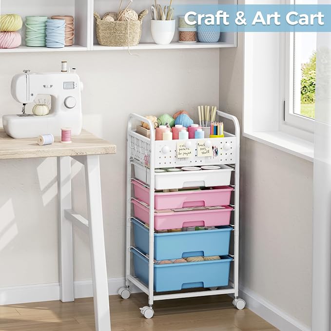 5 Drawer Rolling Storage Cart with Pegboard Top and Hooks, Pink&Blue | Mobile Organizer Cart with Wheels for Office Supplies, Craft Storage, Classroom Organization, Home Utility Cart