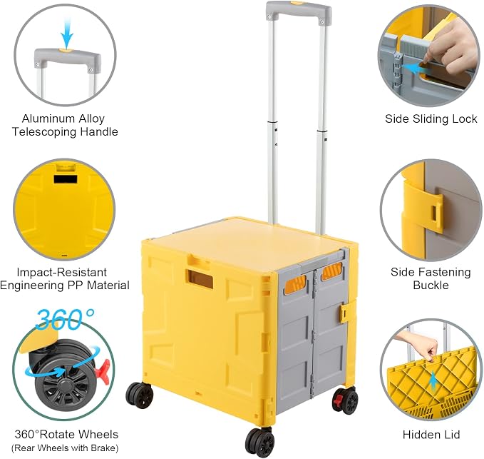 FELICON Folding Utility Cart Rolling Crate Handcart Basket Tote-Yellow+Gray | Collapsible Hidden Lid,Plastic Box,Telescoping Handle,4 Rotate Wheels for Travel Shop Move Grocery Laundry Office Teacher Use