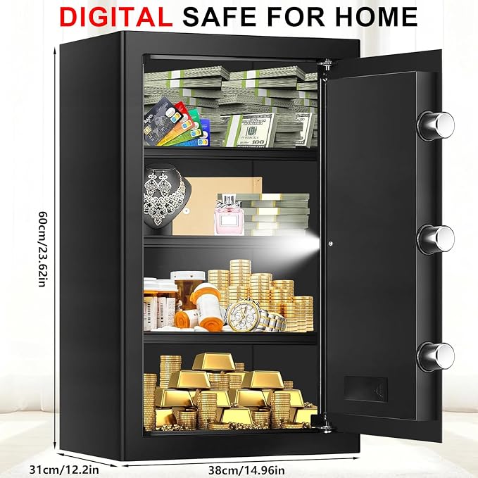 5.1 Cuft Large Home Safes Water and Fireproof with Digital Keypad & Key Lock, Fire Security Safes with 3 Removable Shelves, Anti-Pry Safe Box for Money Documents Jewelry, 23.62"H x14.96"W x 12.2"D