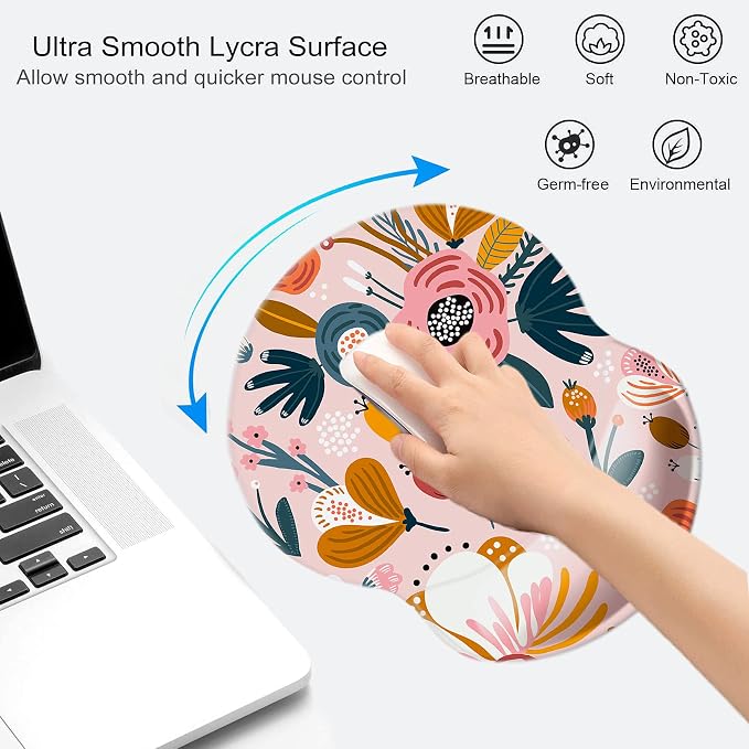 Mouse Pad with Wrist Support, Non Slip Mousepad Wrist Rest for Office, Computer, Laptop & Mac-Comfortable & Lightweight Ergonomic Support Mouse Mat(Wrist-Pink Floral)