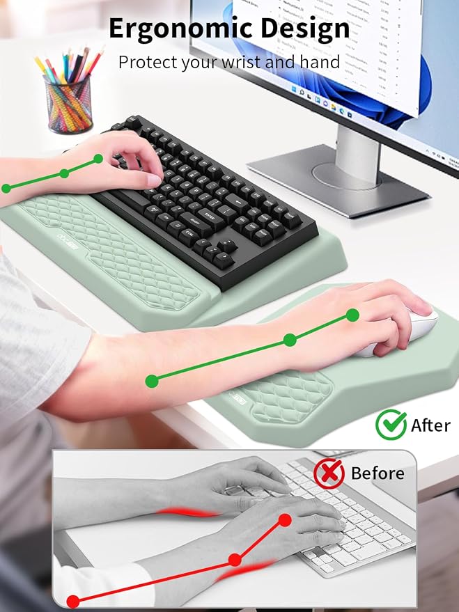 3-in-1 Ergonomic Keyboard Stand with Wrist Rest & Mouse Pad Set,Light Green | Comfy Keyboard Riser Holder Soft Mousepad with Massage Design, Memory Foam and Non-Slip PU Base for Pain Relief