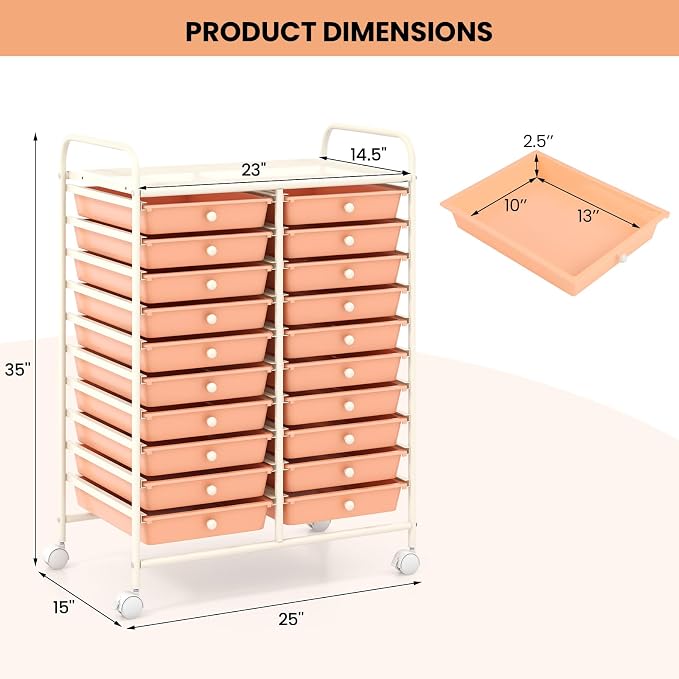 Giantex 20 Drawers Rolling Cart, Mobile Storage Drawer Cart, Classroom Organizer for Office School Supplies Tools Scrapbook Paper Craft Small Printer, Utility Stand on Wheels, Peach