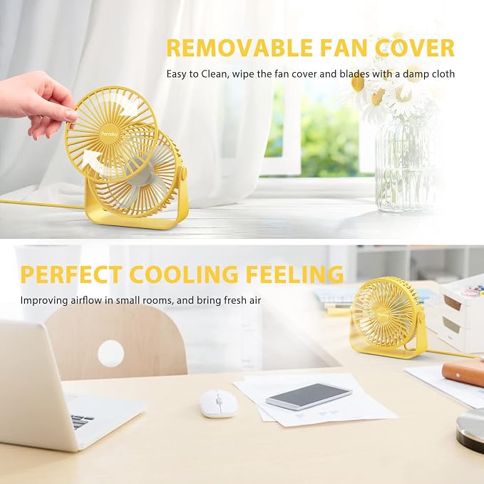 FARADAY USB Desk Fans 5 Inches Portable Table Fans 360° Head Rotation Small Personal Desktop Fan for Home Office, 3 Speeds, Yellow